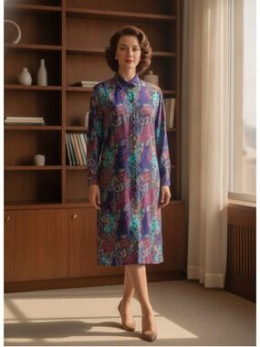 Vintage 80s Don Elliot Sport dress Women’s Size 12 Purple Teal Paisley